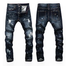 Men's Jeans Four Seasons Slim PP Washed Black Drill Tight Stretch Casual Fashion Go-Go Trend In The Waist Hole Small Leg288I