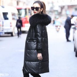 Women's Leather 2023Leather Jacket 90%White Duck Down Jackets Raccoon Fur Collar Hooded Coat Female Real Sheepskin W