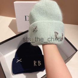 Beanie/Skull Caps Autumn Winter Real Rabbit Hair Diamond Letter Beanie Hat Women's Fashion Warm Solid Color Knitted Hat Outdoor Windproof Hat x0907