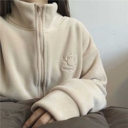 Deeptown Harajuku Turtleneck Zipper Sweatshirt Women Vintage Casual Oversize Basic Hoodie Female Cute Embroidery Fleece Jacket