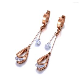 Hoop Earrings Trendy Stainless Steel CZ Crystal Water Drop Tassel Jewellery Sparkling Rose Gold Earring For Women E20010