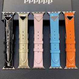 Luxury apple watch band Smart Straps for apple watch strap series 9 8 4 5 6 7 ultra 42MM 44mm 49mm Fashion Bright Colour Leather Embossing Designer Triangle P iwatch bands