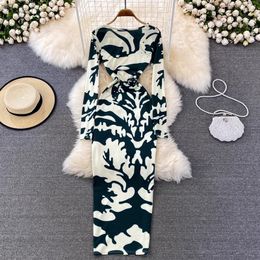 Casual Dresses Women Printed Zebra Print Maxi Dress Long Sleeve Backless 2023 Autumn Winter Fashion Elegant Women'S Clothing