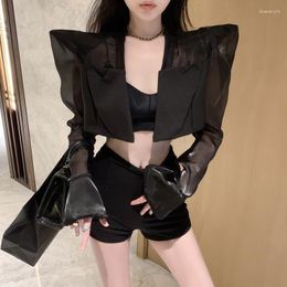 Women's Tracksuits Shirt Suit Collar Perspective Long Sleeved Solid Color Shoulder Pad Shorts High Waist Pleated Elastic Jacket Women