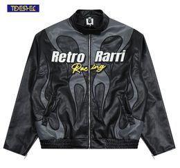 Men's Jackets Jaket kulit PU pria mantel Hip Hop jaket motor kuliah ukuran besar bordir huruf api Retro Vintage longgar 230907