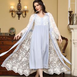 Women's Sleepwear Spring Loose Cotton Night Dress Gown And Robe Sets Pijamas Nightwear Lace Vintage Embroidery Arab Muslin