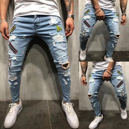 Classic designer Mens fashion jeans tear open elastic straight tube hole blue pants low waist pencil pantscasual street clothes hi2413