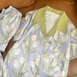 Women's Sleepwear Summer Oil Painting Tulip Short Sleeve Long Pants Pyjamas Stock French Imitation Silk Homewear
