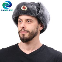 BeanieSkull Caps CAMOLAND Waterproof Bomber Hats Women Men Soviet Badge Russia Ushanka Hat Thermal Faux Fur Earflap Snow Pilot Trapper 230907