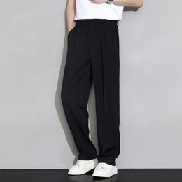 Men's Pants Ice Silk Suit Soft Lightweight Trousers Stylish Elastic Waist Button Pockets Wide Leg Business