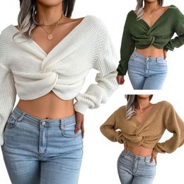 Women's Sweaters Womens Crochet Cross-Knot Knitted Sweater Top Casual Shirt Cropped Tops Drop