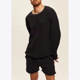 Men's Tracksuits Spring Autumn Sweater Sportswear Set Loose Vintage Hole Long Sleeve Knit Tops And Shorts Two Piece Suits For Male
