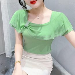 Women's T Shirts Square Collar Ruffles Mesh T-Shirt Summer Short Sleeved Top Diamond High Stretch Female Clothes 2023