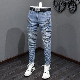 Men's Jeans High Street Fashion Men Retro Light Blue Elastic Slim Fit Spliced Designer Biker Homme Big Pocket Hip Hop Pants