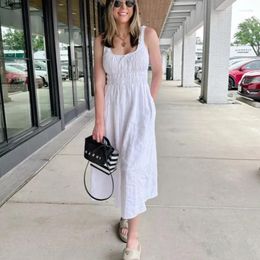 Casual Dresses White Long 2023 Women U-Neck Short Sleeve A Line Dress Loose High Waist Y2k Mom Elegant Beach Maxi Vestidos