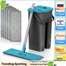 Mops New Flat Squeeze Mop With Spin Bucket Hand Wringing Floor Cleaning Microfiber Pads Wet Or Dry U On Hardwood Laminate Drop Deliver Dhkeg