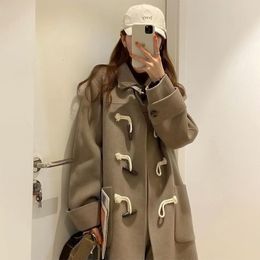 Womens Wool Blends College style Japanese lovely woolen coat medium length ox horn buckle student JK coat camel winter coat autumn winter 230906