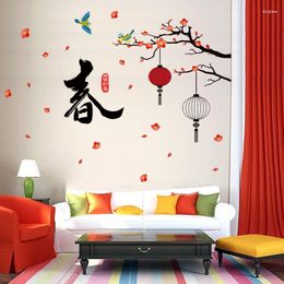 Wall Stickers Peach Blossom Branch Sticker Chinese Characters Spring Decals Sofa/TV Background Home Decoration For Bedroom Living Room