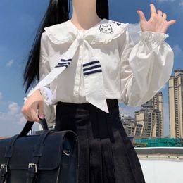 Japanese Y2k Embroidered Sailor Collar Shirts Women Kawaii Preppy Style Striped Long Sleeve Top Harajuku White Blouse
