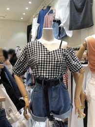 Women's Blouses Shirt Black And White Plaid Off Shoulder Short Sleeved Sweet Temperament Slimming Summer Top Korea Blouse Women Clothing