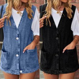 Women's Vests Women Classic Jean Vest Button Down V Neck Oversized Jacket Solid Color Casual Turn Collar Loose Fit Daily Outfit