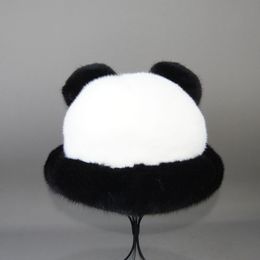 Wide Brim Hats Bucket Autumn Winter Women Cap Warm Real Natural Mink Highquality Fur Panda For Men Eaves Blocking Snow Panama Hat 230907