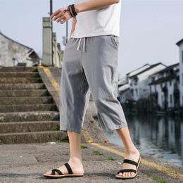 Men's Pants Summer Pant Men Solid Calf-Length Male Casual Elastic Waist Loose Linen Man