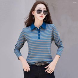 Women's T Shirts Women Striped T-shirt Spring Autumn Fashion Button Polo Collar Long Sleeve Loose Tees Tops Casual Contrast Colour Pullover