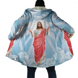 Men's Trench Coats Fashion Winter Mens Hooded Cloak Jesus Graphics 3D Printing Fleece Wind Breaker Unisex Casual Thick Warm Hood Coat