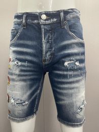 Men's Jeans 2023 Summer Fashion Slim Fit Elastic Speckled Paint Burnout Embroidered Denim Shorts