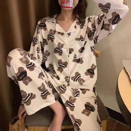 Women's Sleepwear Ice Silk Pajamas Women Spring And Summer Long-sleeved Korean Cute Suit Sexy Plus Size Loose Home Service Pajama Set