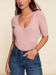 Women's Sweaters Women Rib Stretch Lace Trim Sweater Slim Short Sleeve U Neck 2023 Summer Fashion 2 Colours Female Embroidery Hollow Out