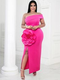 Plus Size Dresses Off Shoulder For Women Fuchsia Sleeveless Flower Appliques Empire Pencil Birthday Evening Gowns 4XL Summer