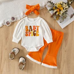 Clothing Sets Born Infant Baby Girl Halloween Outfit Crewneck Ribbed Romper Tops Flared Pants Headband Bow Set Sister Rompers Matching