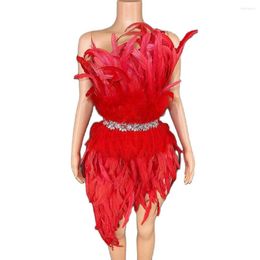 Stage Wear Women Sexy Elegant Feathers Rhinestones One Shoulder Short Dress Party Prom Birthday Wedding Celebrate Show