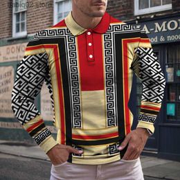 Men's T-Shirts Autumn Winter Men's Polo Long Sleeve Lapel Button 3D Print Retro Graphic Mature Man Top Pullover Casual Jogging Style T230907