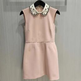 2023 Summer Pink Solid Color Dress Sleeveless Peter Pan Neck RhinestoneKnee-Length Casual Dresses S3S01M020