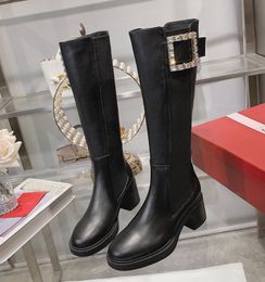 Viv Go Thick Strass Metal Buckle Chealsea Knee Boots Designer Suede Boot Women Leather Fashion Martin Boots Rubber Sole Winter Booties Shoe