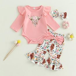 Clothing Sets Listenwind 0-2Y Baby Girls 3PCS Pants Pink Long Sleeve Ruffle Romper Cattle Head Print Flared Headband