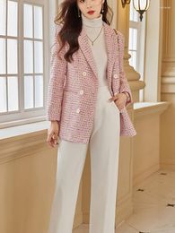 Women's Suits Autumn Winter Tweed Woollen Blazer For Women 2023 Double Breasted Jackets And Coats Plus Size Vintage Tops Veste Femme Black