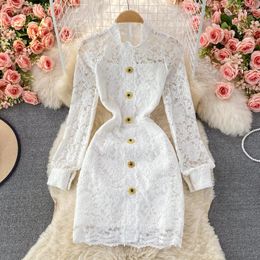 Casual Dresses Lace Dress 2023 Autumn French Elegant Luxury Long Sleeve Standing Collar Mid Length A-Line Slim For Female Party
