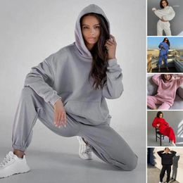 Running Sets 2 Pcs/Set Women Winter Tracksuit Solid Color Hooded Elastic Waist Long Sleeves Thick Cold-proof Pants Set For Jogging