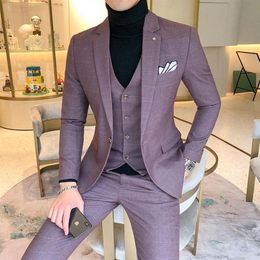 Luxury Men Dress Suits British 3Piece Set Wedding Suit 2021 Fall Mens Business Formal Plaid Slim Fit Men's & Blazers258b