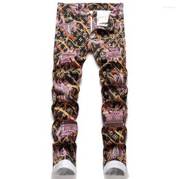 Men's Jeans 2023 Summer Fashion Digital Printed Cotton Flower Pants Mid-Waist Casual Slim-Fit Clothing