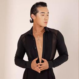 Stage Wear Black Mesh Latin Dance Tops Men V Neck Bodysuit Adult Male Ballroom Performance Costume Cha Rumba Salsa Shirt BL11200