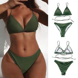 Women's Swimwear Summer Back Alternate Tie Dark Green Fashion Split Bikini Set Puff Sleeve