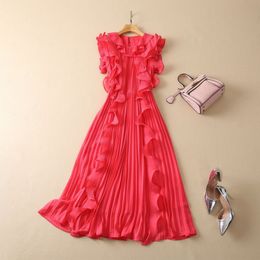 2023 Red Solid Color Pleated Dress Sleeveless Round Neck Ruffled Midi Casual Dresses S2N290010