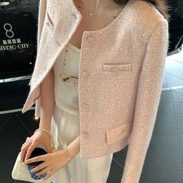 Women's Wool Blends Sequin Small Fragrance Short Coat Tweed Elegant Temperament Female Tops Autumn Korean Chic Pink O Neck Jackets Woman 230906