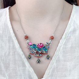 Chains Chinese Style 925 Sterling Silver Enamel Lotus Fish Tassel Necklace Women's Retro Antique Flower Cluster Choker Chain Jewelry