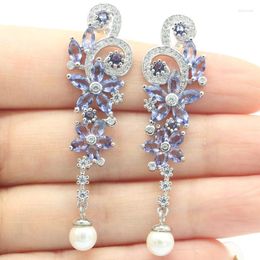 Dangle Earrings 55x15mm Selling Butterfly IoliteWhite Pearl Swiss Blue Topaz CZ Silver For Women Fashion Jewelry Dating Girls